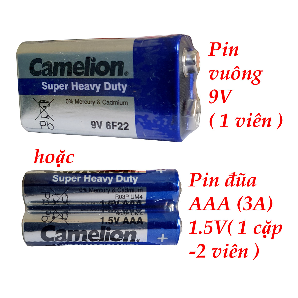 Pin vuông 9 volt - Pin AAA ( 3A ) 1.5 volt - Pin AA ( 2A ) 1.5 volt Camelion