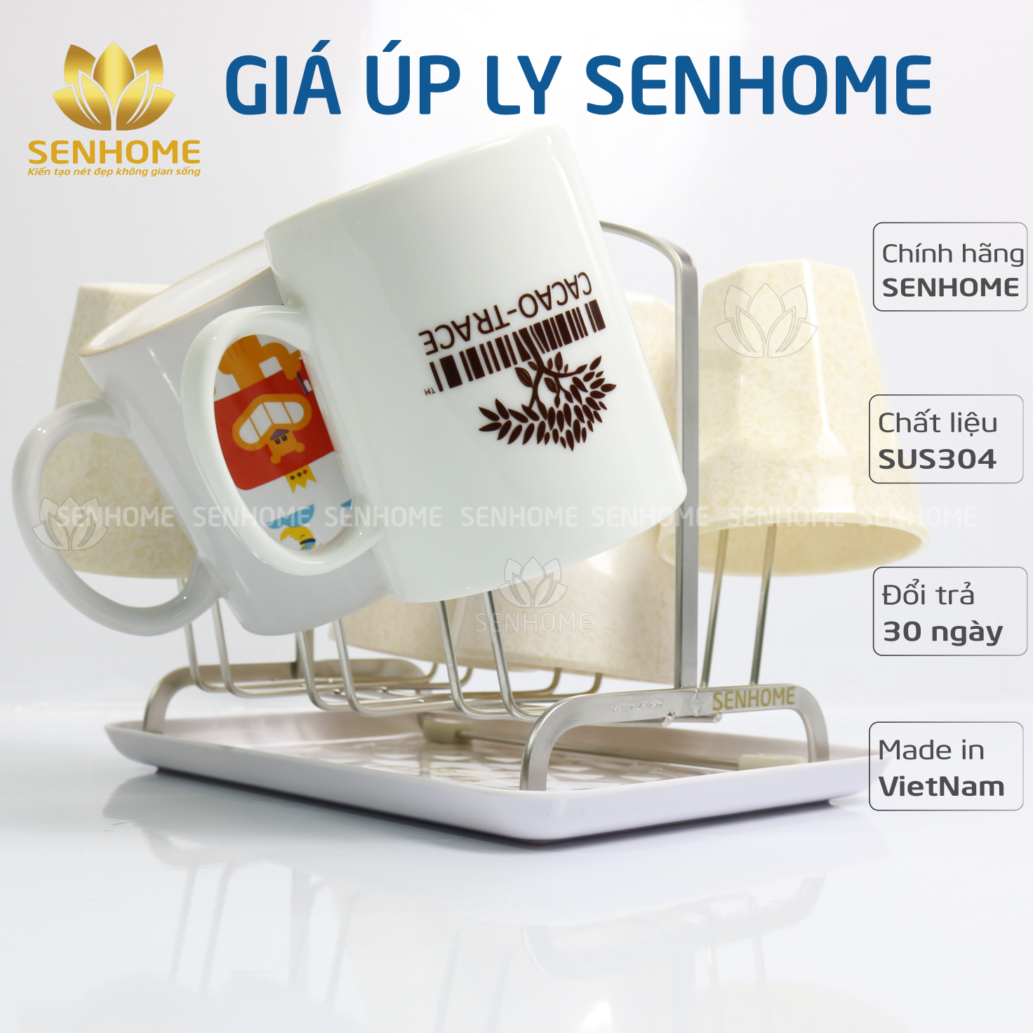 Giá úp ly cốc, khay úp cốc inox 304 cao cấp senhome sh-gl30, kệ úp ly có khay hứng nước