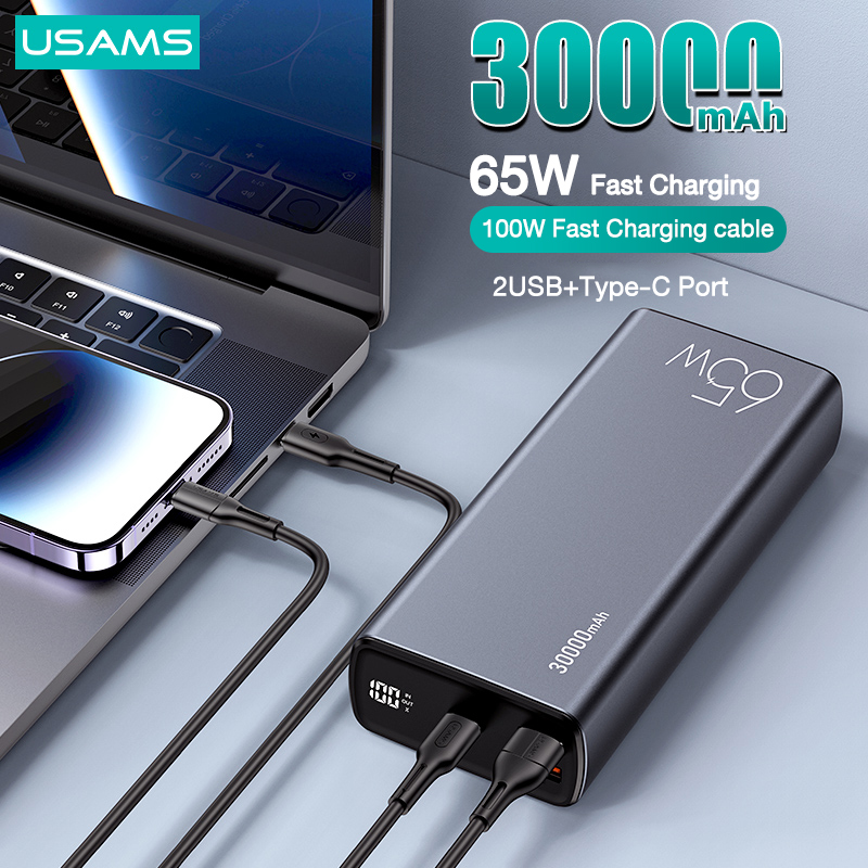 USAMS 30000mAh Sạc Dự Phòng Sạc nhanh PD65W QC3.0 với cáp sạc Type-c Hiển Thị Dung Lượng Kỹ Thuật Số Sạc Di Động Sạc Pin Ngoài Điện Thoại Di Động 30000mAh Sạc Dự Phòng Dành Cho 100% hàng chính hãng