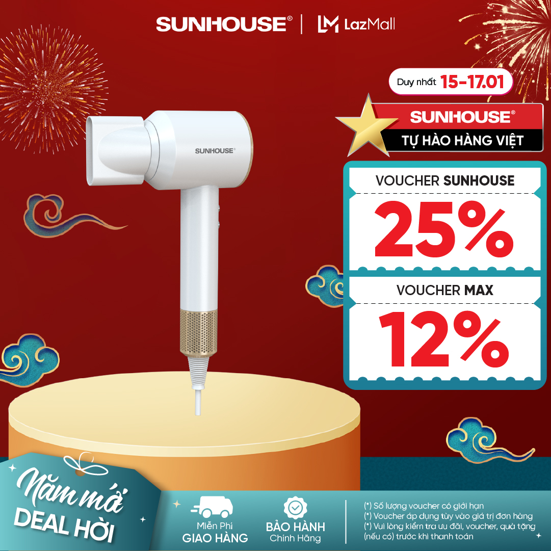 Máy sấy tóc Sunhouse SHD2320 - Công nghệ sấy ion âm - Đầu sấy xoay 360 độ  - 3 tốc độ gió - X2 tốc độ sấy
