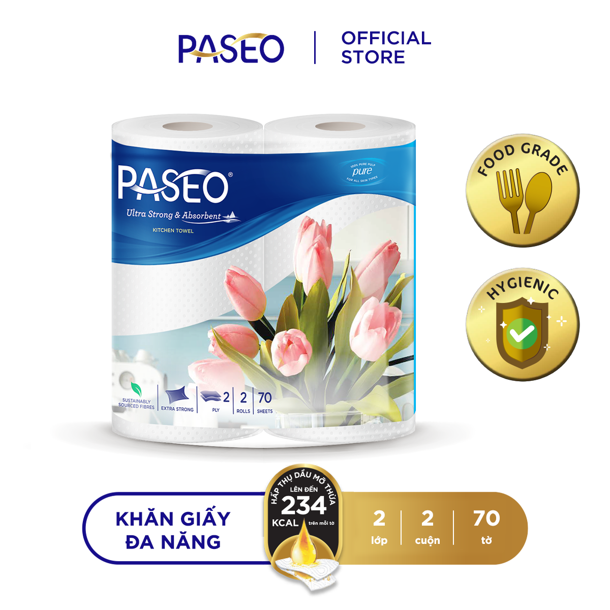 Giấy bếp đa năng cao cấp Paseo lau dầu mỡ, thấm hút nhanh, in hoa (2 cuộn 2 lớp 70 tờ)/lốc