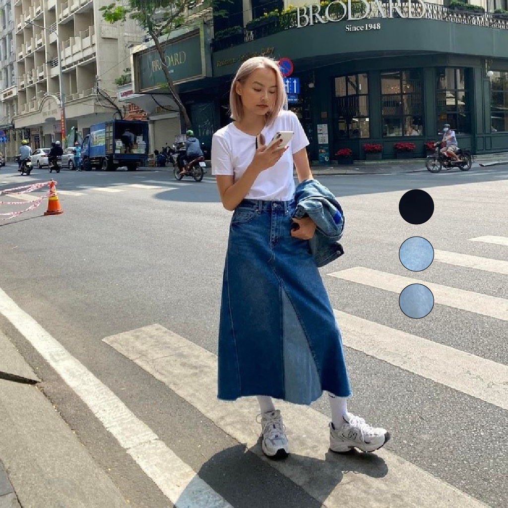 TheBlueTshirt - Váy jean suông nữ nhiều màu - 1970s Denim Midi Skirt