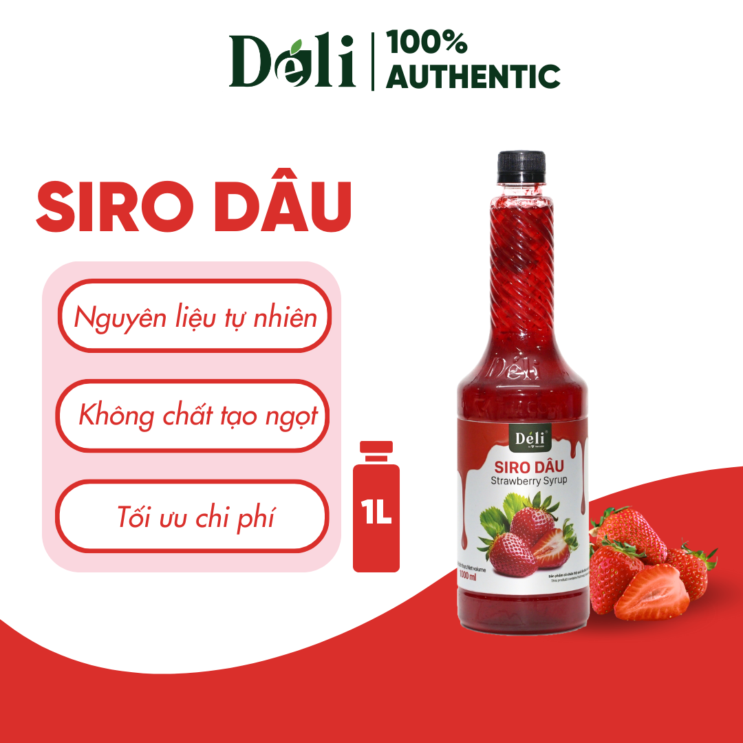 Siro dâu Déli - 1 lít - đậm đặc, thơm ngon chuyên dùng pha chế trà trái cây, soda