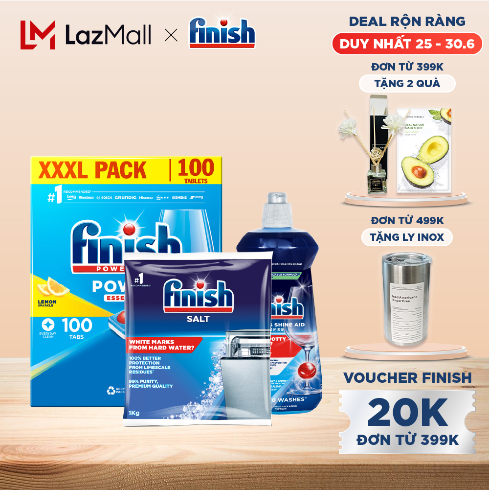Combo Finish tiện lợi 2: Hộp 100 Viên Rửa Bát Finish Essential + Nước Làm Bóng 500ml + Muối Rửa Chén túi 1kg