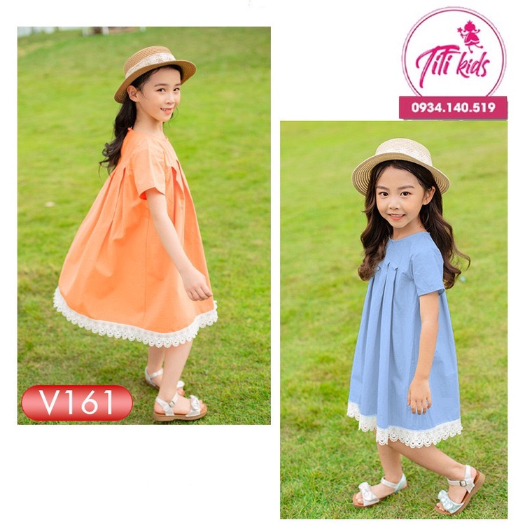 Đầm váy cho bé gái thu đông cam xếp ly chân ren v161