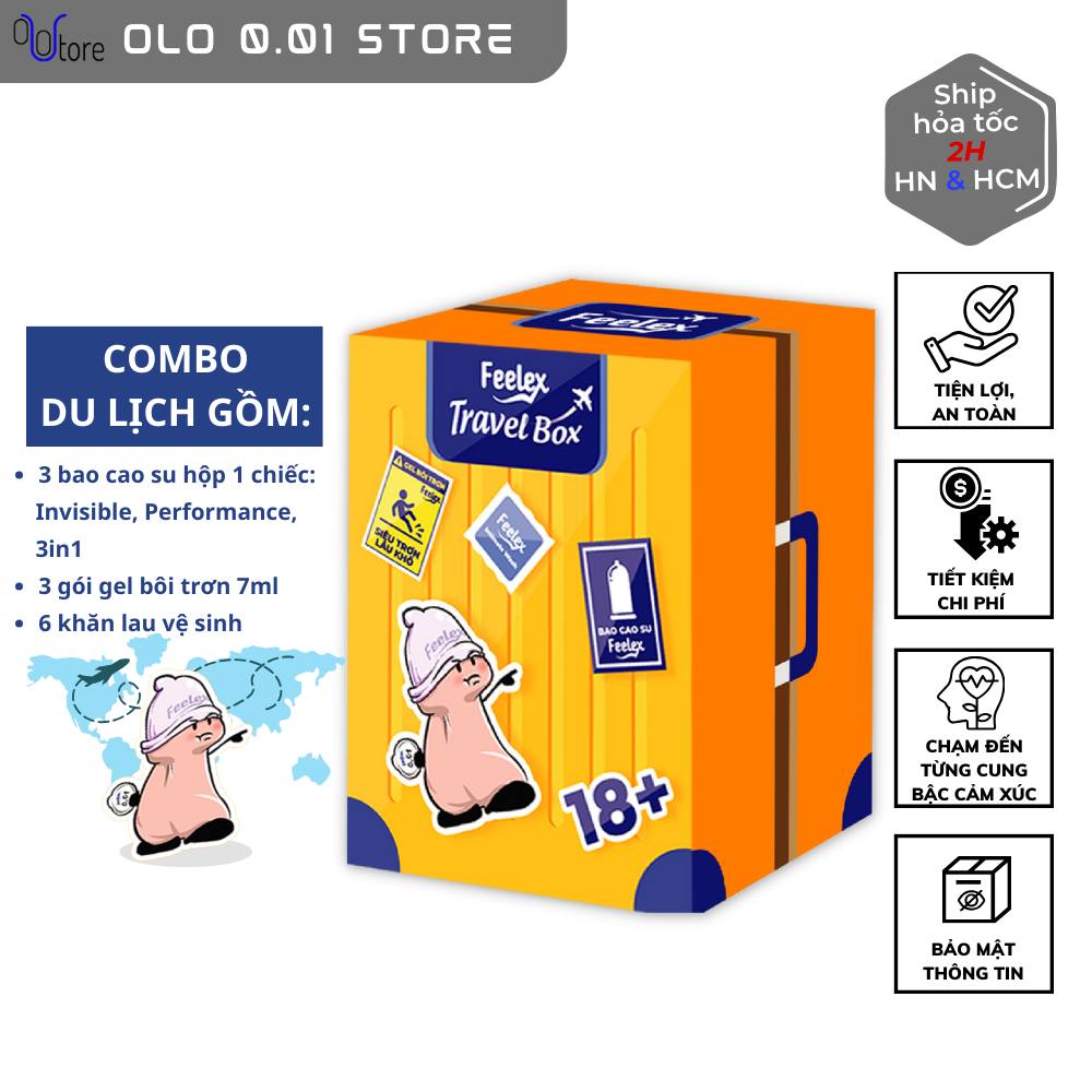 Combo đặc biệt bao cao su Feelex Travel Box, đủ loại siêu mỏng, gân gai, kéo thời gian tặng  kèm gel bôi trơn, khăn lau