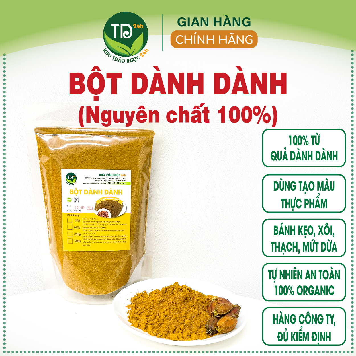 Bột dành dành nguyên chất 100 tạo màu vàng tự nhiên dùng làm xôi bánh thạch chè rau câu mứt an toàn vstp đủ kiểm định