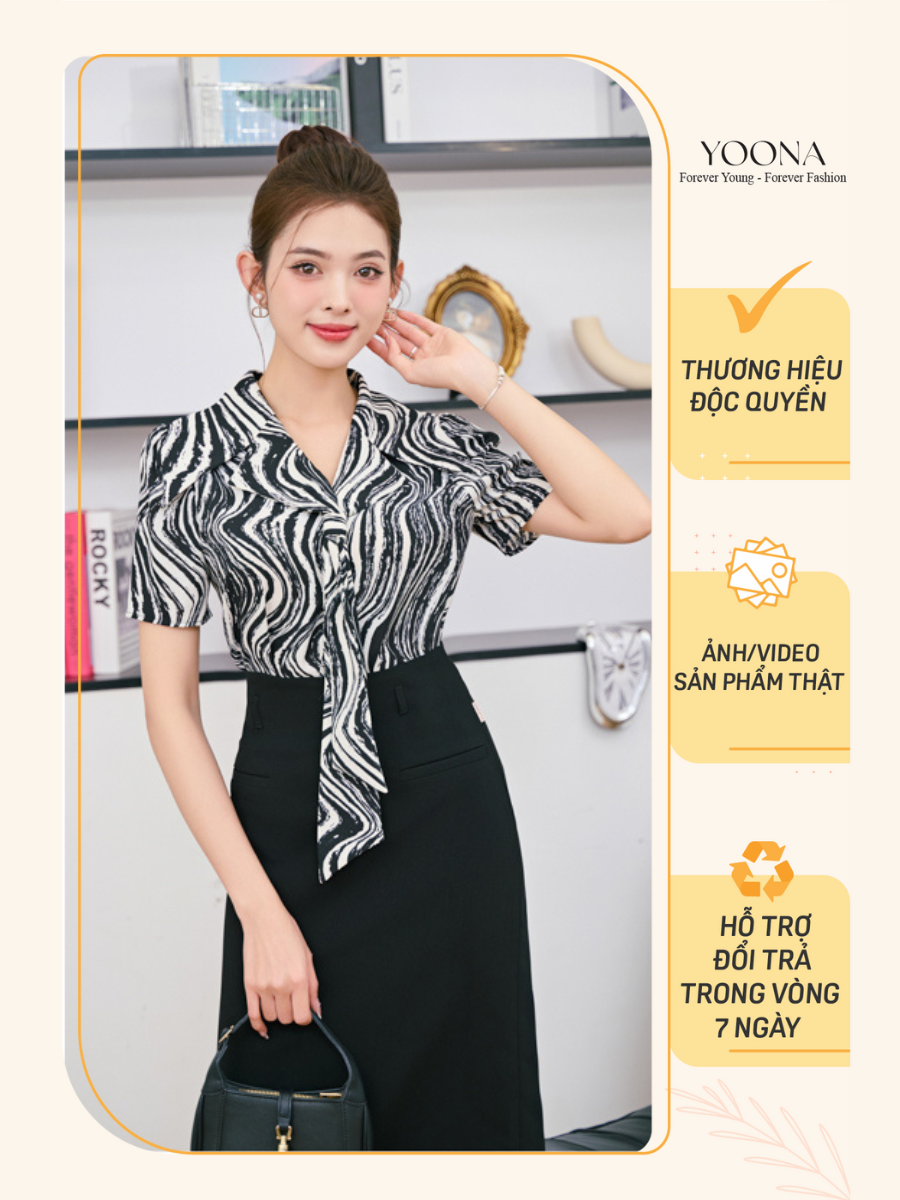 Áo thiết kế cổ bẻ có cà vạt cách điệu tay bồng họa tiết chất lụa Hàn cao cấp YOONA - NH2S191
