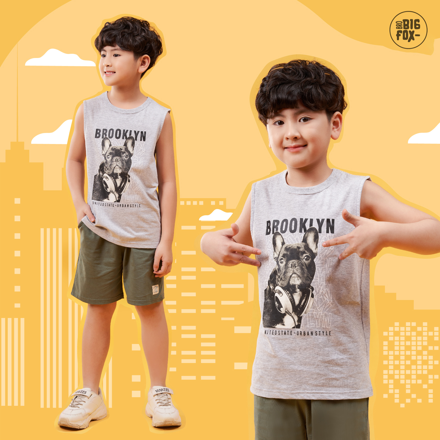 Đồ bộ bé trai size đại bộ ba lỗ cho bé chất cotton phong cách Âu Mỹ hình in Brooklyn 11 – 40 kg QATE