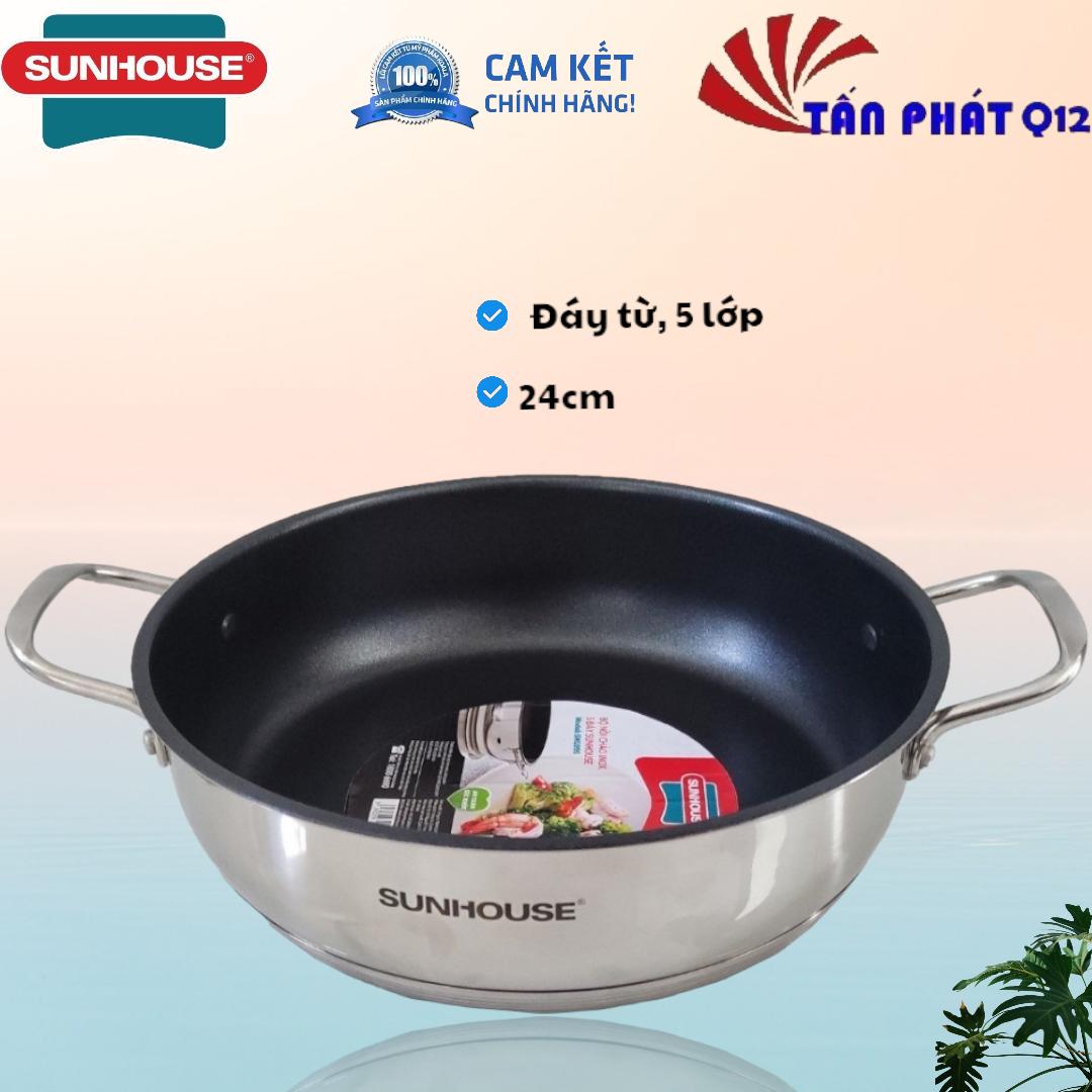 Chảo 2 quai inox, chống dính, dùng được bếp từ sunhouse 24cm