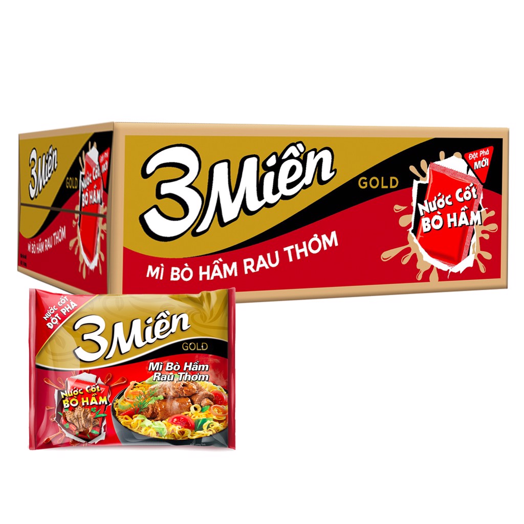 1 THÙNG Mì Ăn Liền 3 Miền Gold Mới Vị Bò Hầm Rau Thơm Đặc Biệt Thùng 30 gói x 75g- B090