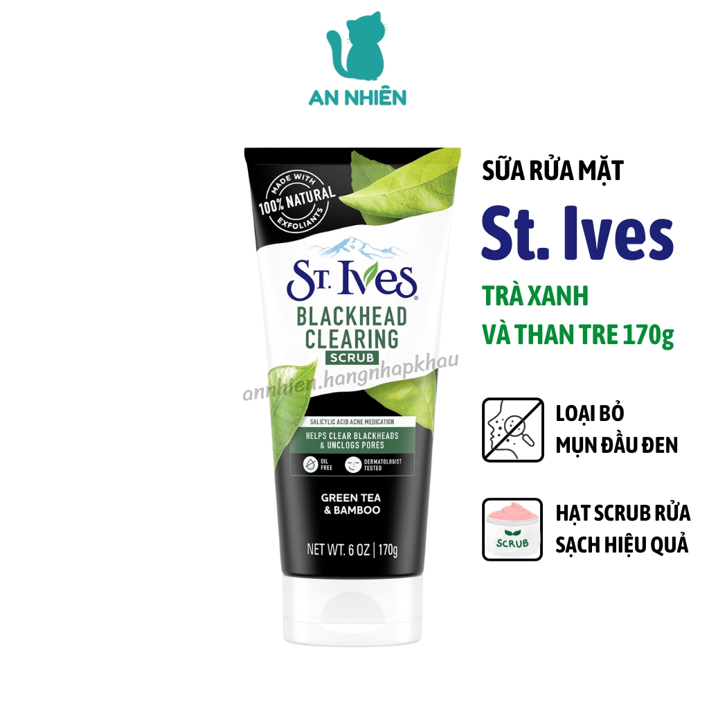 Sữa rửa mặt St Ives trà xanh và than tre 170g loại bỏ mụn đầu đen, sạch nhờn