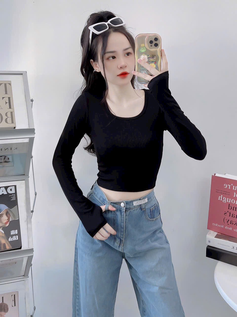 Áo thun ôm gân tăm cổ U tay dài Croptop