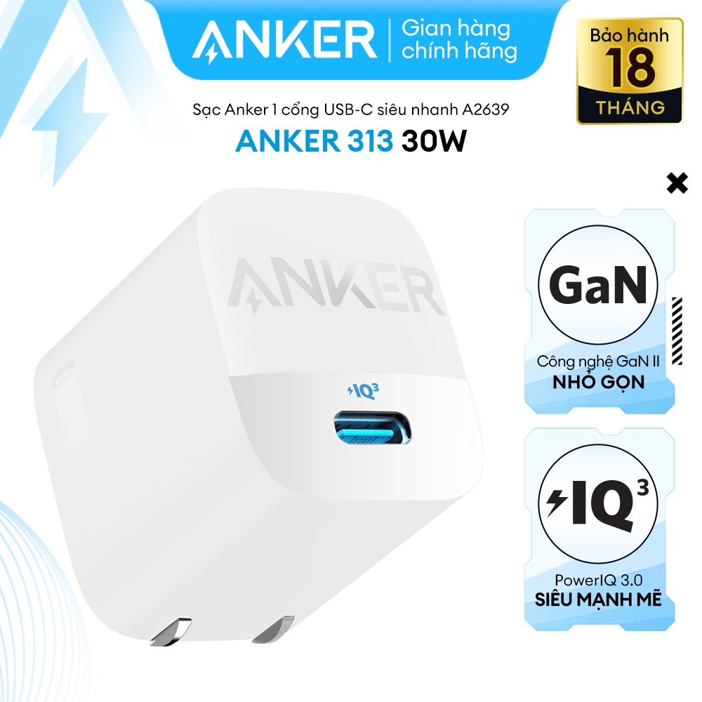 Sạc anker 313 gen 2 30w 1 cổng usb-c piq 3.0 tích hợp pd/pps - a2639 - hỗ trợ sạc nhanh tối đa 27w cho iphone