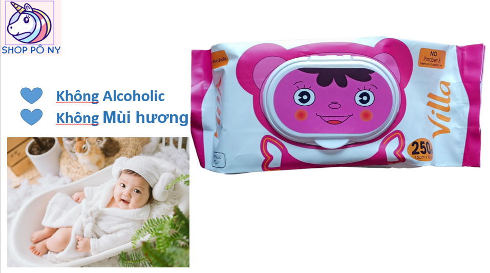 Khăn ướt, combo 10 hộp khăn ướt Villa 250g, khăn ướt không cồn, khăn ướt không mùi hương, vải không dệt, an toàn cho da.