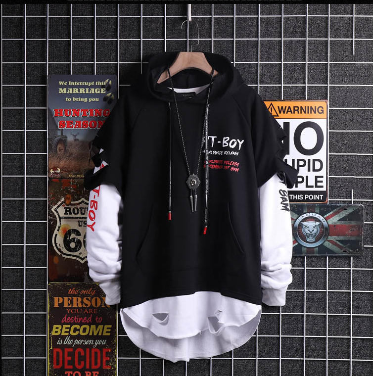 Áo Hoodies PT-BOY Thun Nam Mũ Trùm Đầu Rách Vai Phối Giả Hai Lớp Trẻ Trung Thời Trang Đường Phố Phong Cánh SMARTLY GIRL AO TOP 90000126