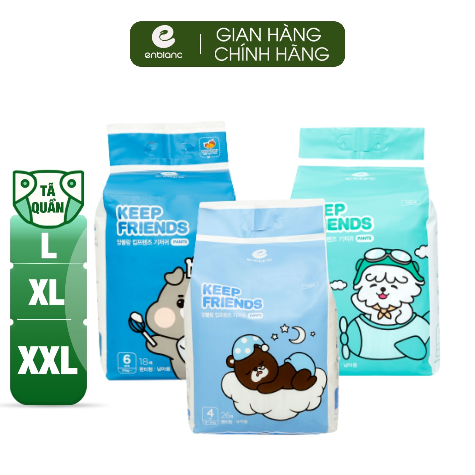 Tã bỉm quần bé trai Enblanc KEEP FRIENDS nội địa Hàn quốc L26, XL22, XXL18 cho bé từ 7-20kg