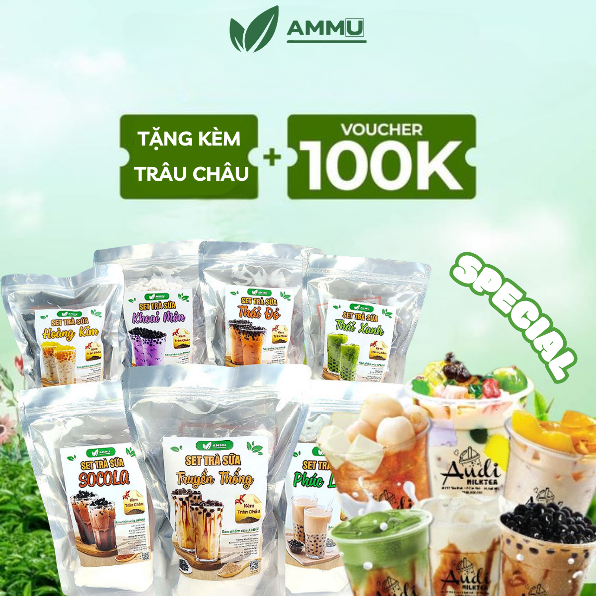 Set nguyên liệu pha trà sữa trân châu tự nấu Phúc Long Thái Xanh Thái Đỏ Hoàng Kim Socola Truyền Thống Ammu nấu được 30-35 ly