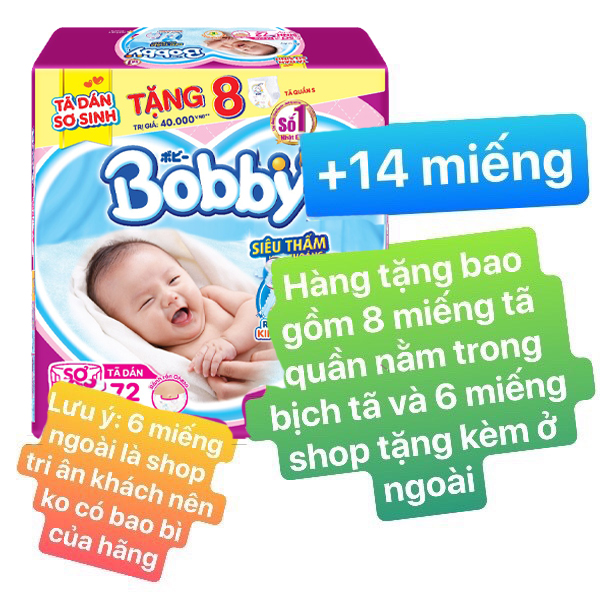 [Tặng 14 Miếng Tã Quần S trong bịch] Tã Dán Bobby Sơ Sinh NewBorn Siêu Thấm size XS 72 (72 Miếng) Tã dán Bobby size XS - 72 miếng