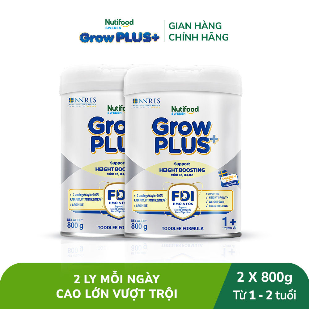 Combo 2 Sữa Bột Nutifood Sweden GrowPLUS+ Cao lớn vượt trội - Hỗ trợ phát triển chiều cao (Bạc) 800g