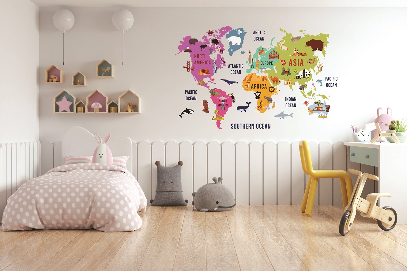 Decal dán tường bảng đồ thú - trang trí phòng bé