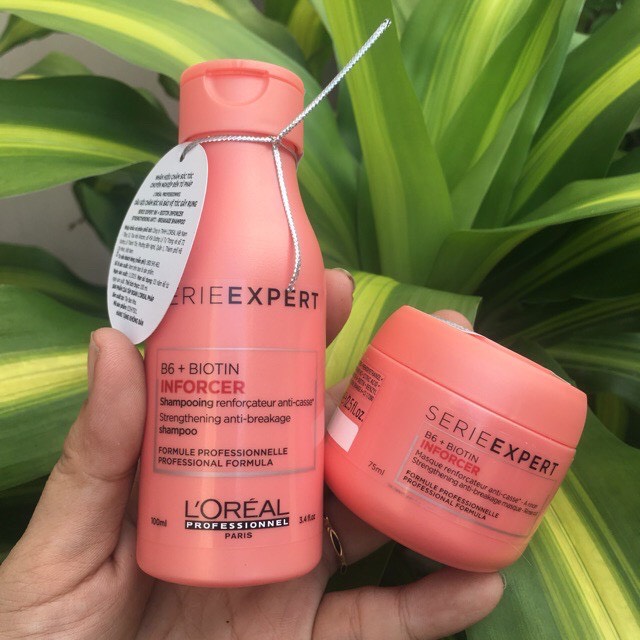 Dầu gội 100ml, hấp dầu 75ml Loreal Inforcer mini tăng cường dưỡng chất vitamin b6 + biotin cho tóc gãy rụng