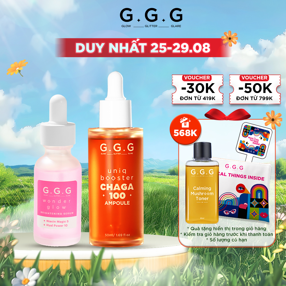Bộ 2 Sáng Khoẻ Căng Bóng 50ml x 30ml - Phục hồi dưỡng sáng G.G.G Booster Chaga 50ml & Serum Hồng Brightening Serum 30ml