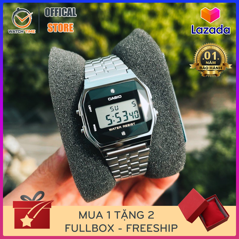 Đồng Hồ Casio Nam A159 Dây Kim Loại Mạ Bạc - Đính Đá Kim Cương - Made In Japan