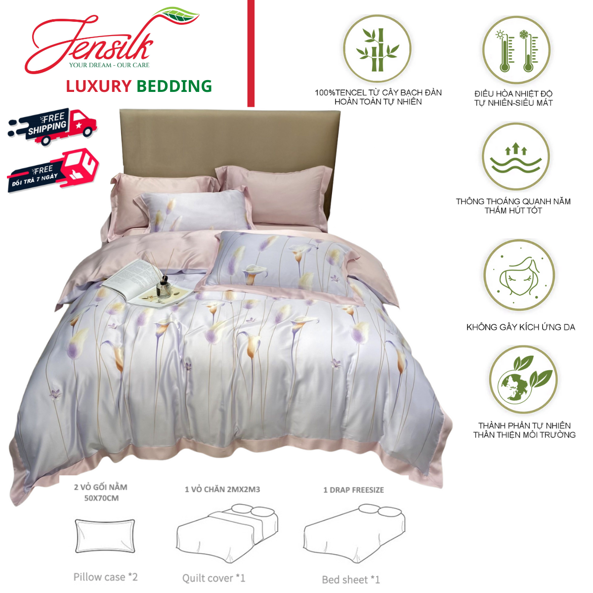 Bộ chăn ga gối cao cấp 100%Tencel 100s, họa tiết Hoa Rum, tượng trưng cho sự thuần khiết, rực rỡ, chất liệu siêu mềm mát mịn
