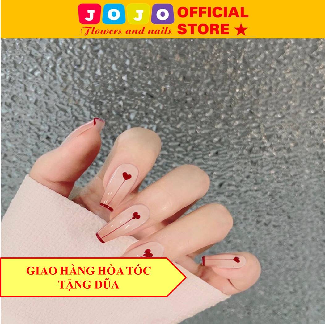 Móng tay giả, dáng dài y17 - jojo , họa tiết trái tim 24 móng kèm keo dán tại nhà