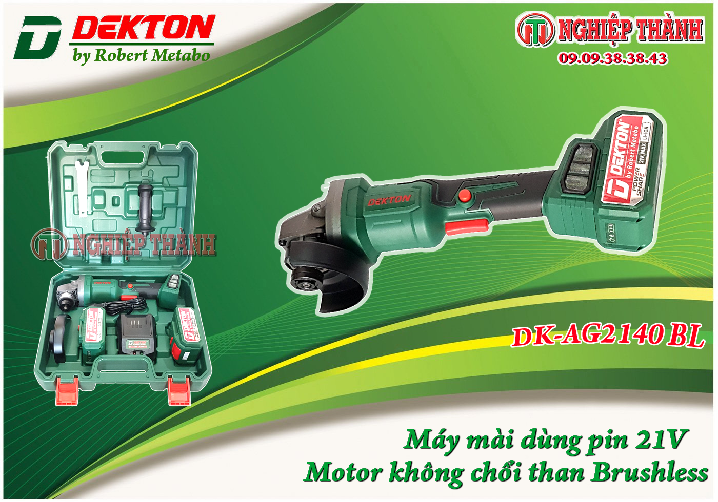 Máy Mài Pin 21v Dekton DK-AG2140BL - Motor Không Chổi Than - Kèm 2 pin