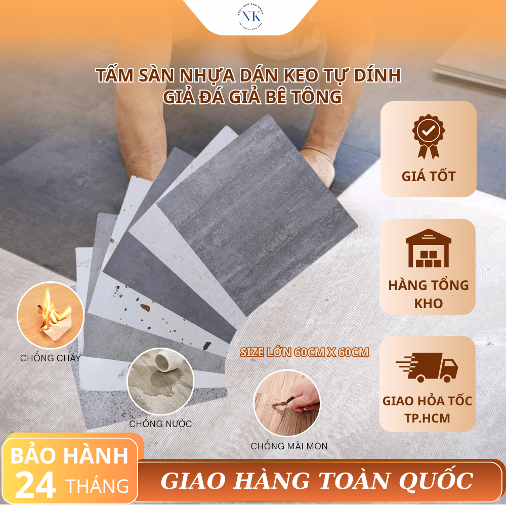 Tấm Sàn Nhựa Dán Keo Tự Dính Giả Đá Giả Bê Tông Size Lớn 60cm x 60cm Thi Công Dễ Dàng Phù Hợp Nhiều Không Gian Sống