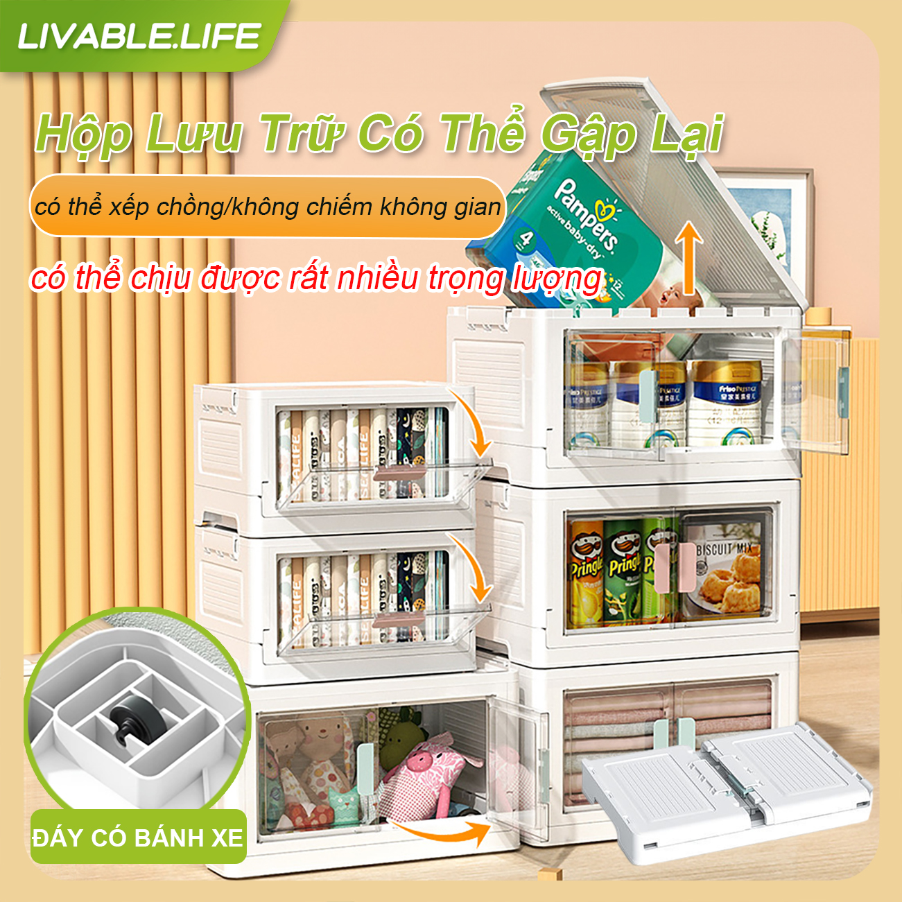 Hộp đựng đồ gấp gọn trong suốt có thể xếp chồng có bánh xe ở đáy cửa ngang hộp đựng quần áo đồ chơi
