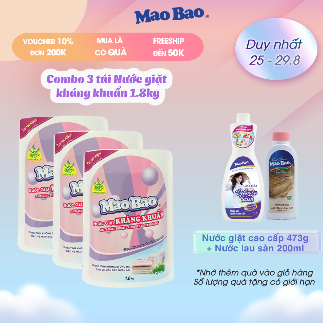 [Tổng 5.4kg] Combo 3 túi Nước giặt kháng khuẩn Mao Bao 1.8KG Hương hoa bách lý khử mùi, dễ giặt xả, dành cho da nhạy cảm