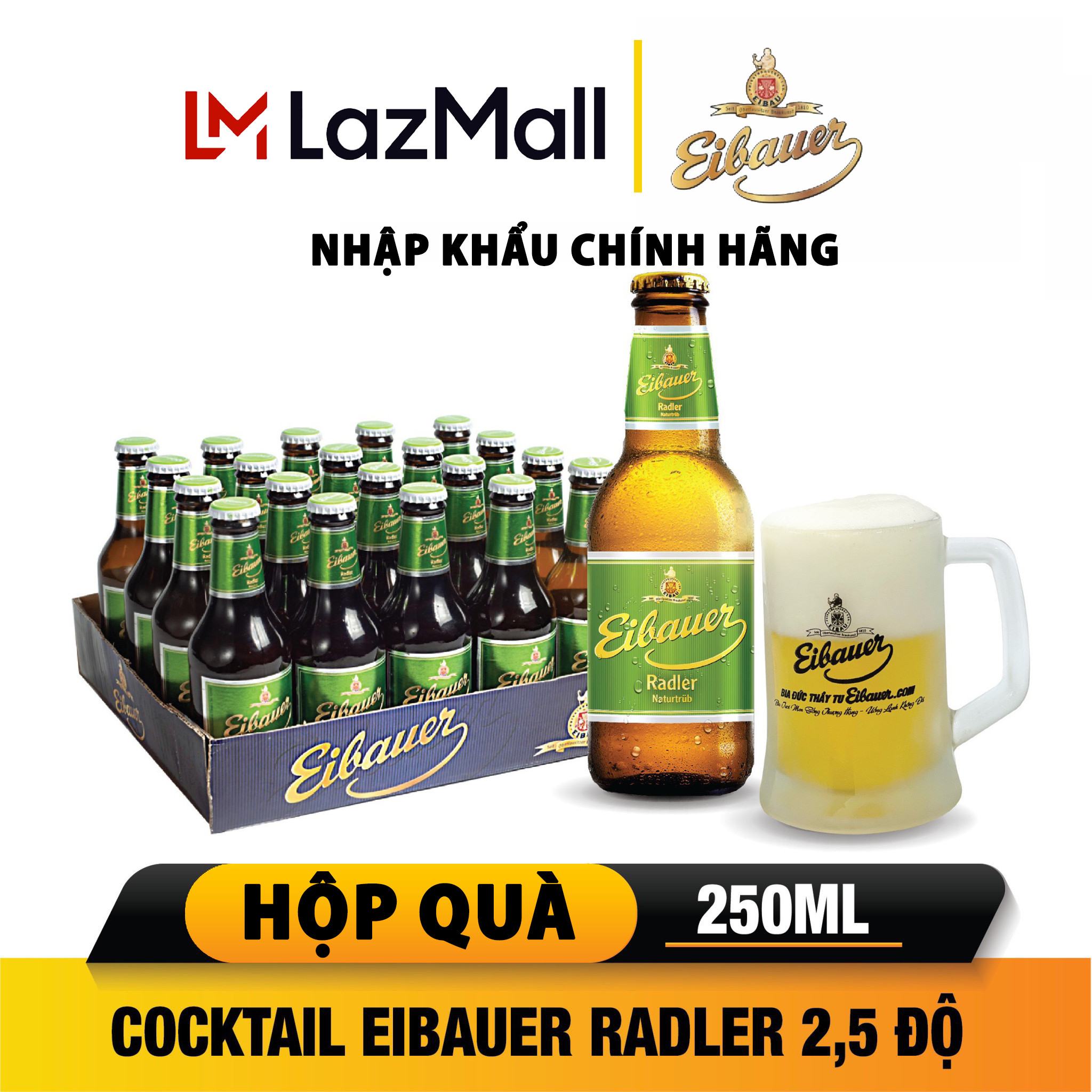 Thùng 20 chai bia trái cây eibauer radler naturtrub 2.5 độ 250ml/chai - hương vị trái cây ôn đới - bia tươi men sống thượng hạng