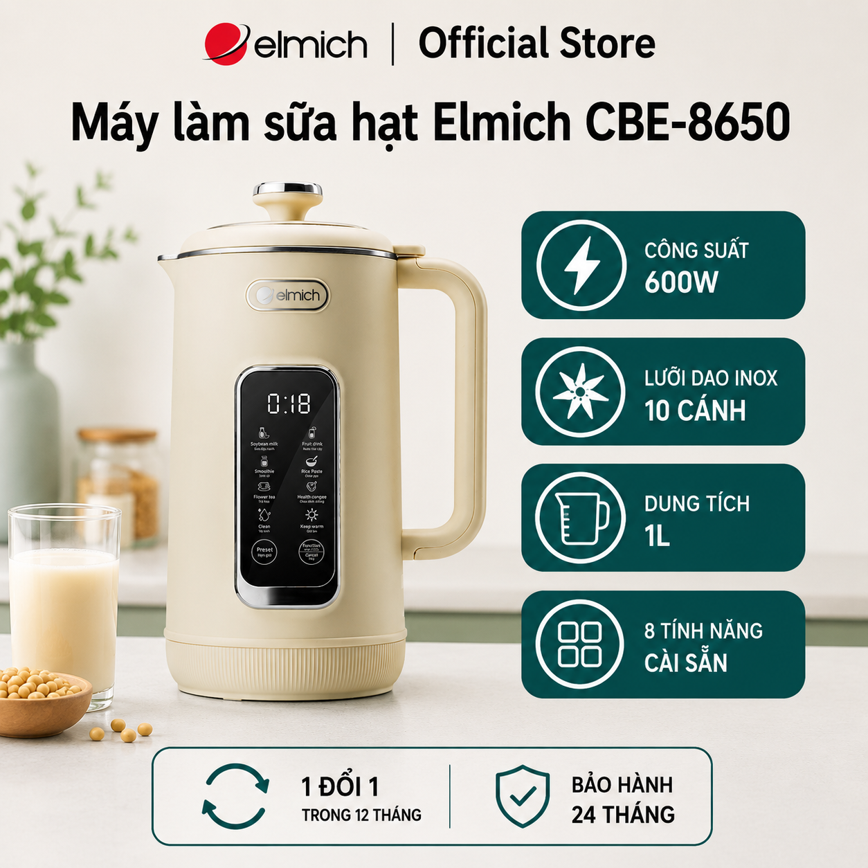 (Chỉ 25-29.07)Máy làm sữa hạt Elmich 1L CBE-8650