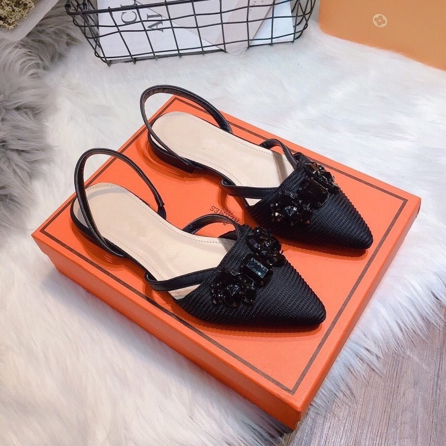 Giày cao gót, giày sandal nữ thời trang mũi nhọn đính nơ đá nữ tính cao 2cm màu đen