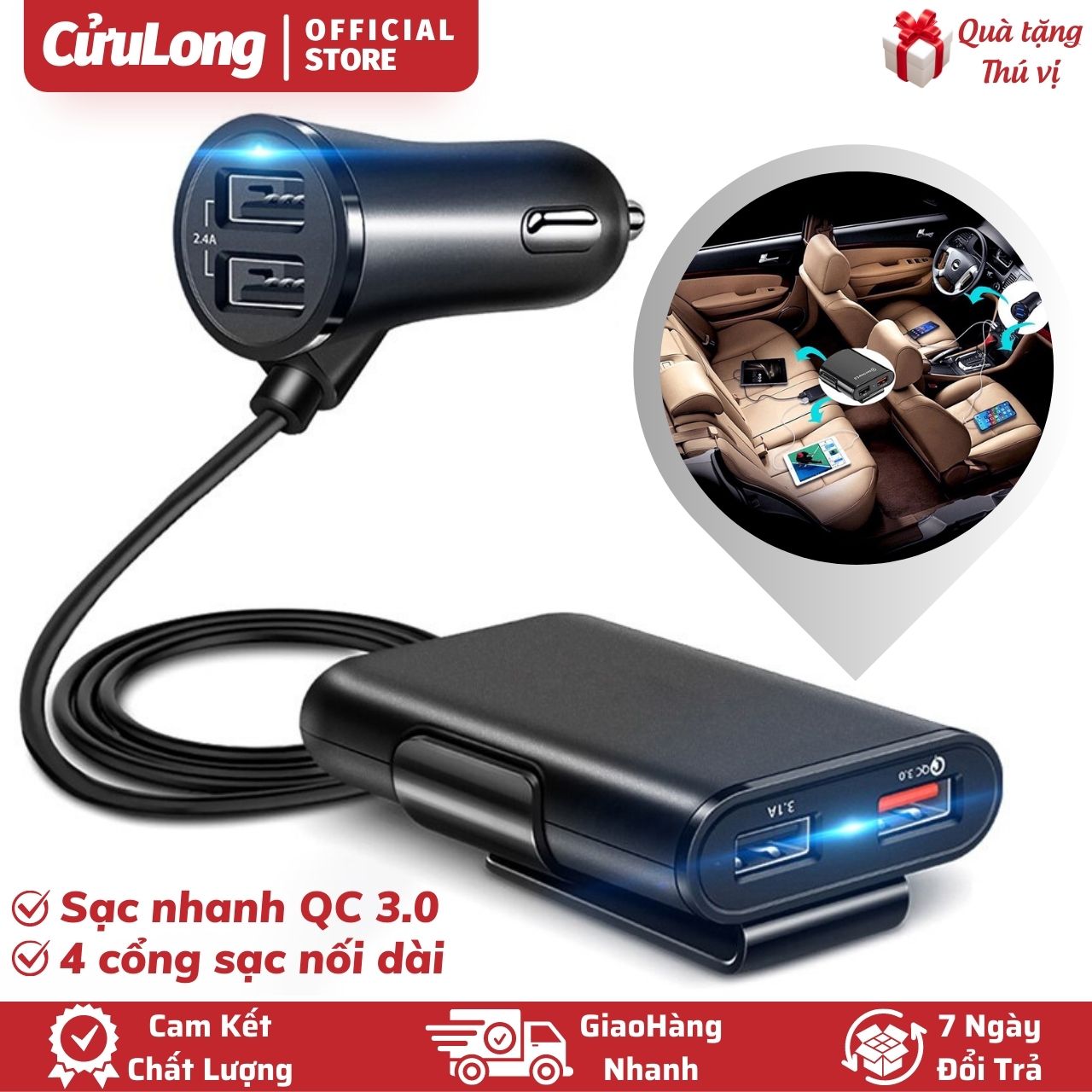 Tẩu Sạc Nhanh Ôtô 4 cổng sạc USB trên xe hơi QC 3.0 18W bộ sạc điện thoại dây dài sạc ghế phụ