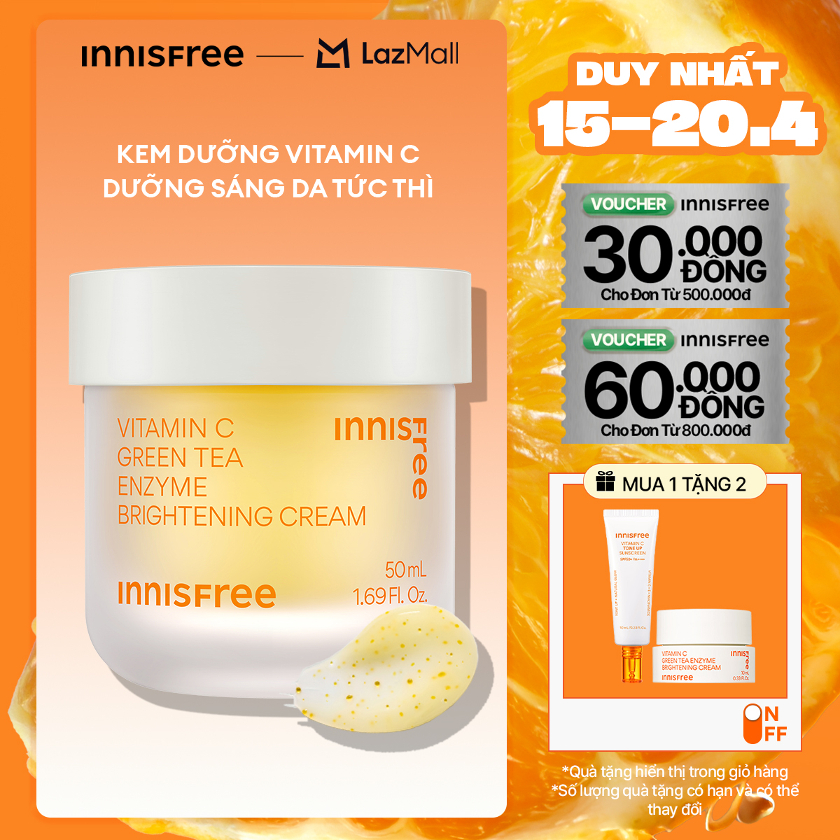 Kem dưỡng Vitamin C sáng da, mờ thâm dạng gel INNISFREE Green Tea Enzyme Brightening Cream 50ml