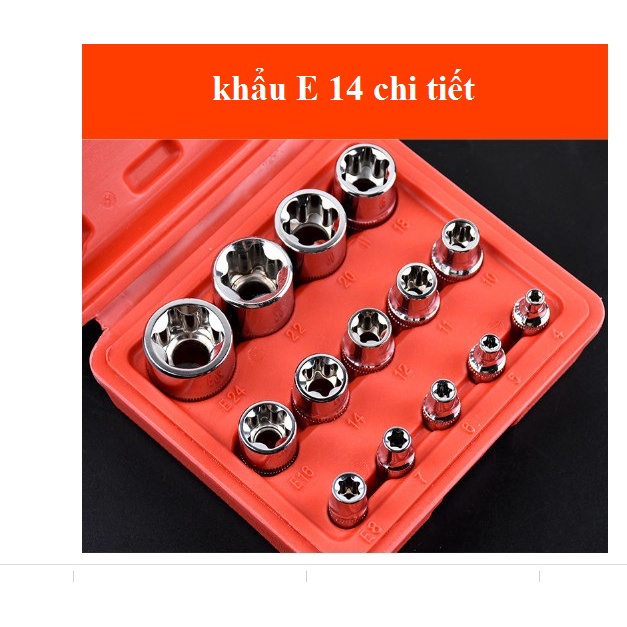 Bộ khẩu E 14 chi tiết chuyên vặn các chi tiết khó, ốc chìm, dạng sao, hoa thị