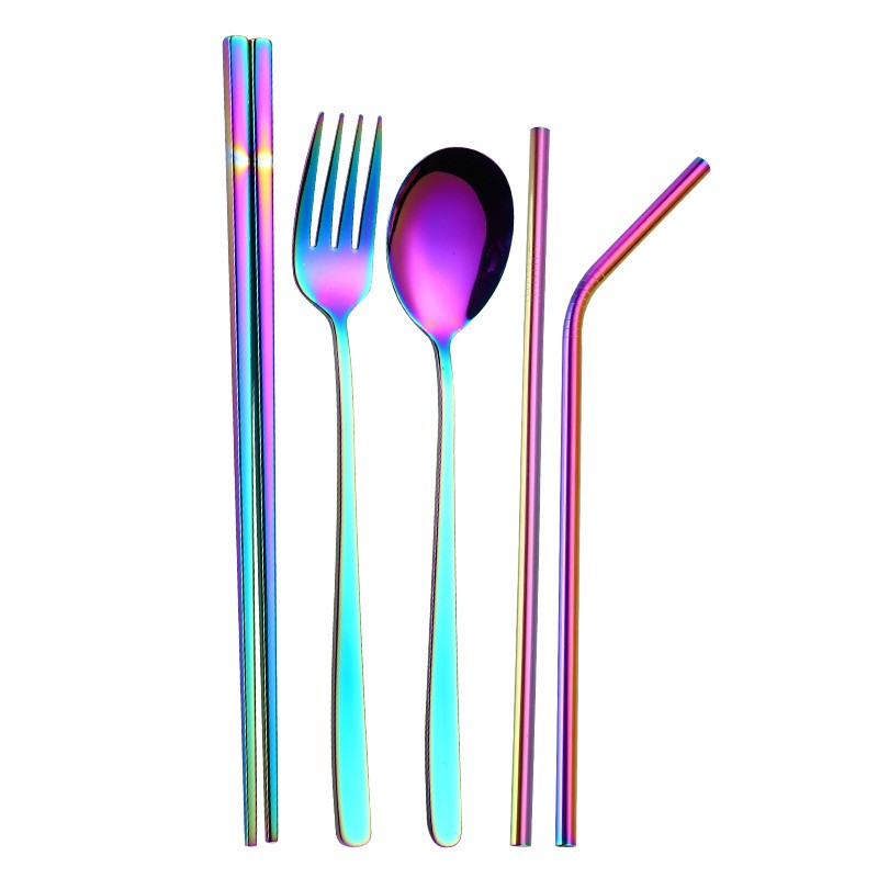 Bộ 7 món đũa muỗng nĩa ống hút inox kèm túi - muỗng nĩa ống hút
