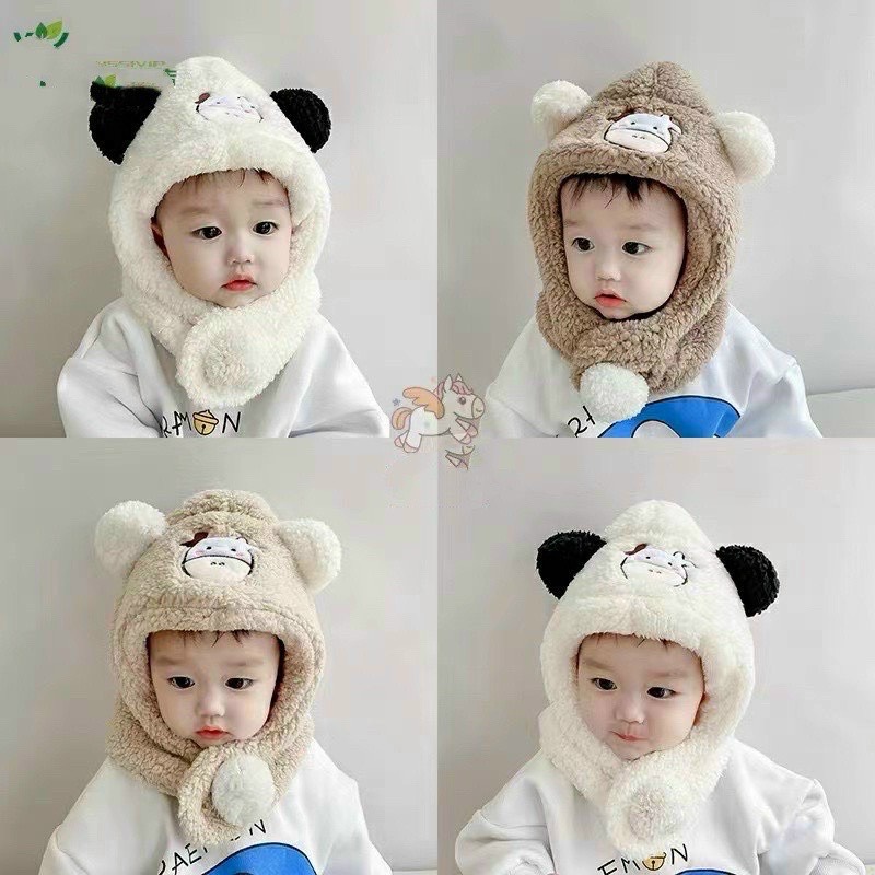Mũ lông cừu cho bé, kèm choàng cổ hình BÒ SỮA