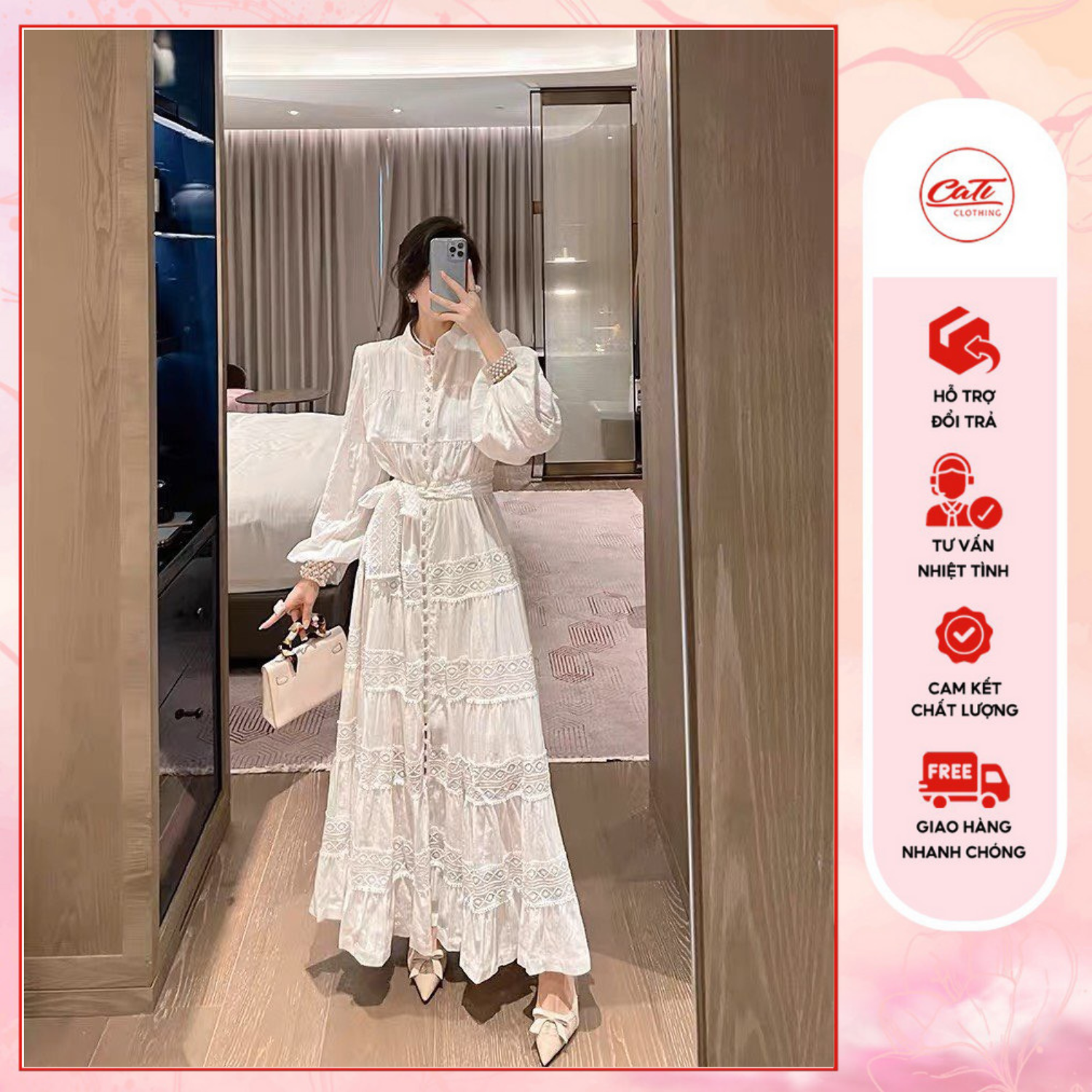 Cati đầm thô ren 1 màu trắng