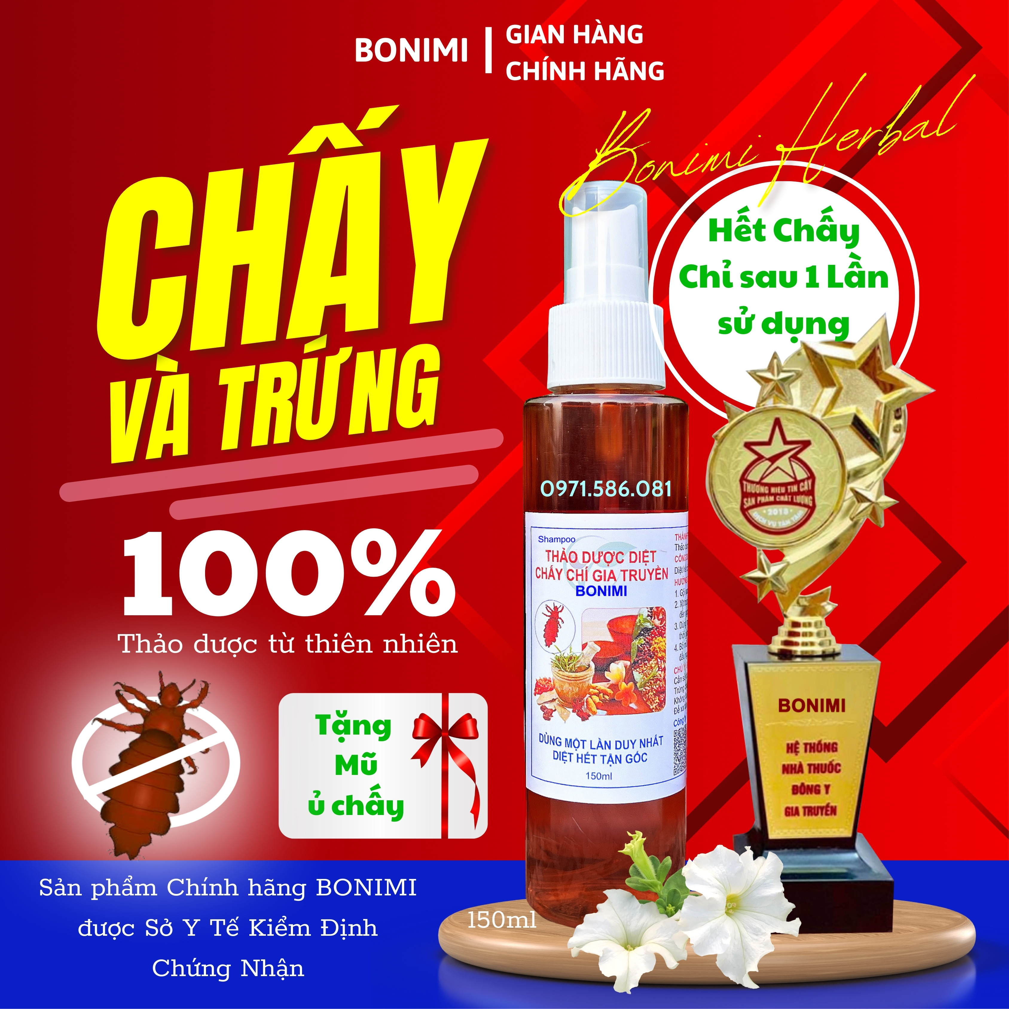 Thảo Dược Ủ Diệt Hết Chấy Chí. Dầu Gội Diệt Chấy Bonimi, Chí Và Trứng 100% Thiên Nhiên. Dùng 1 Lần Hết Chấy Chí. Số lượng 1 chai 150ml