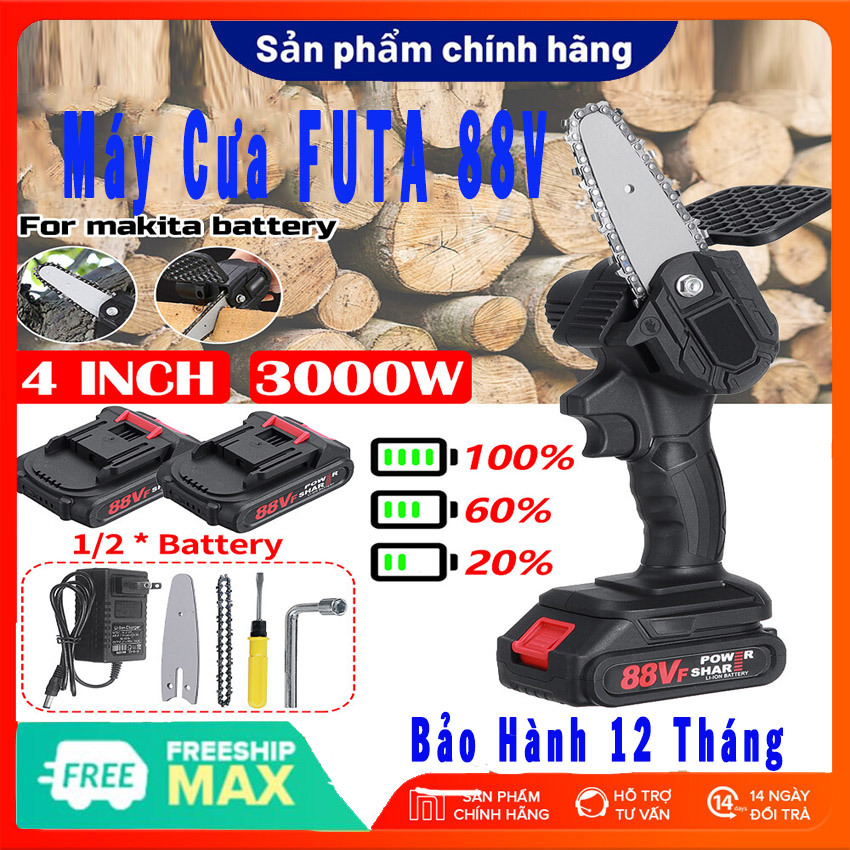 ( TẶNG KÈM 2 PIN ) Máy cưa xích Nhật bãi Máy cưa xích cầm tay mini chạy pin FUTA 88V mini,máy cưa mi