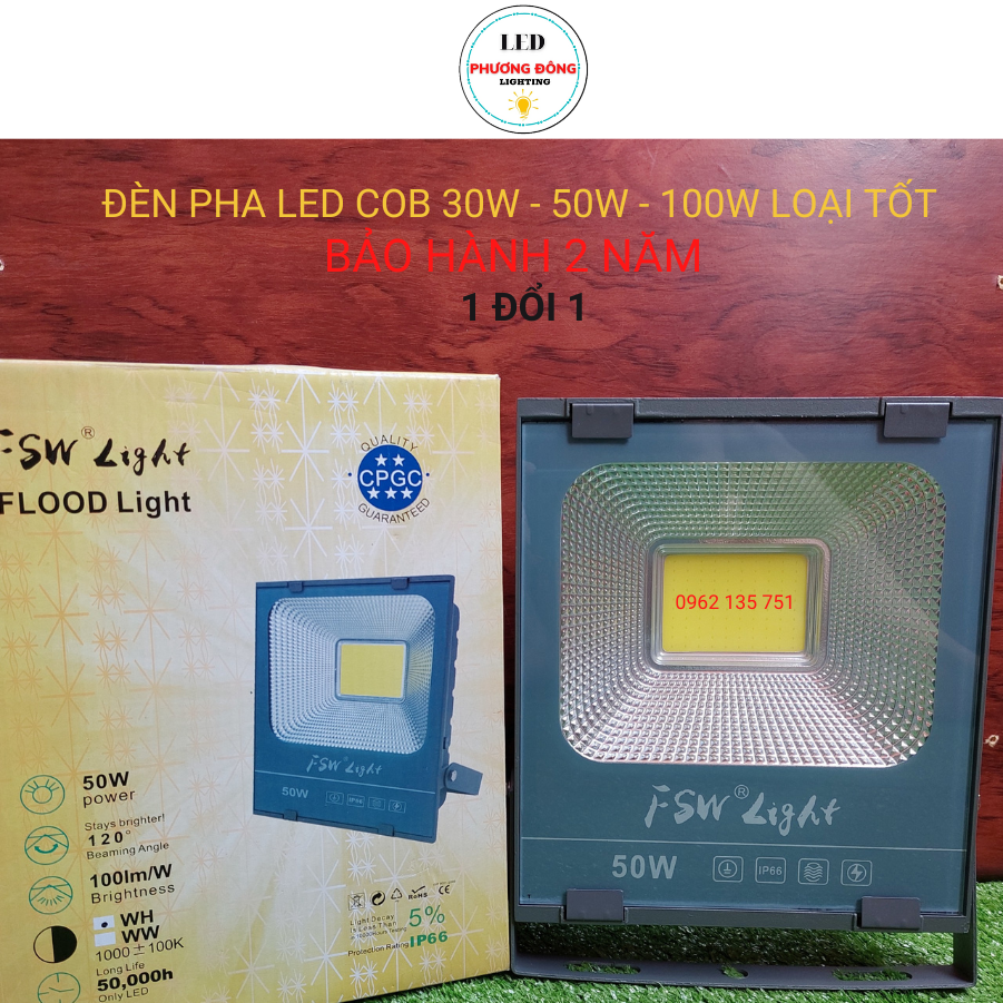 [BẢO HÀNH 2 NĂM] Bộ Đèn Pha Led Cao Cấp FSW 30W 50W 100W Trắng, Vàng