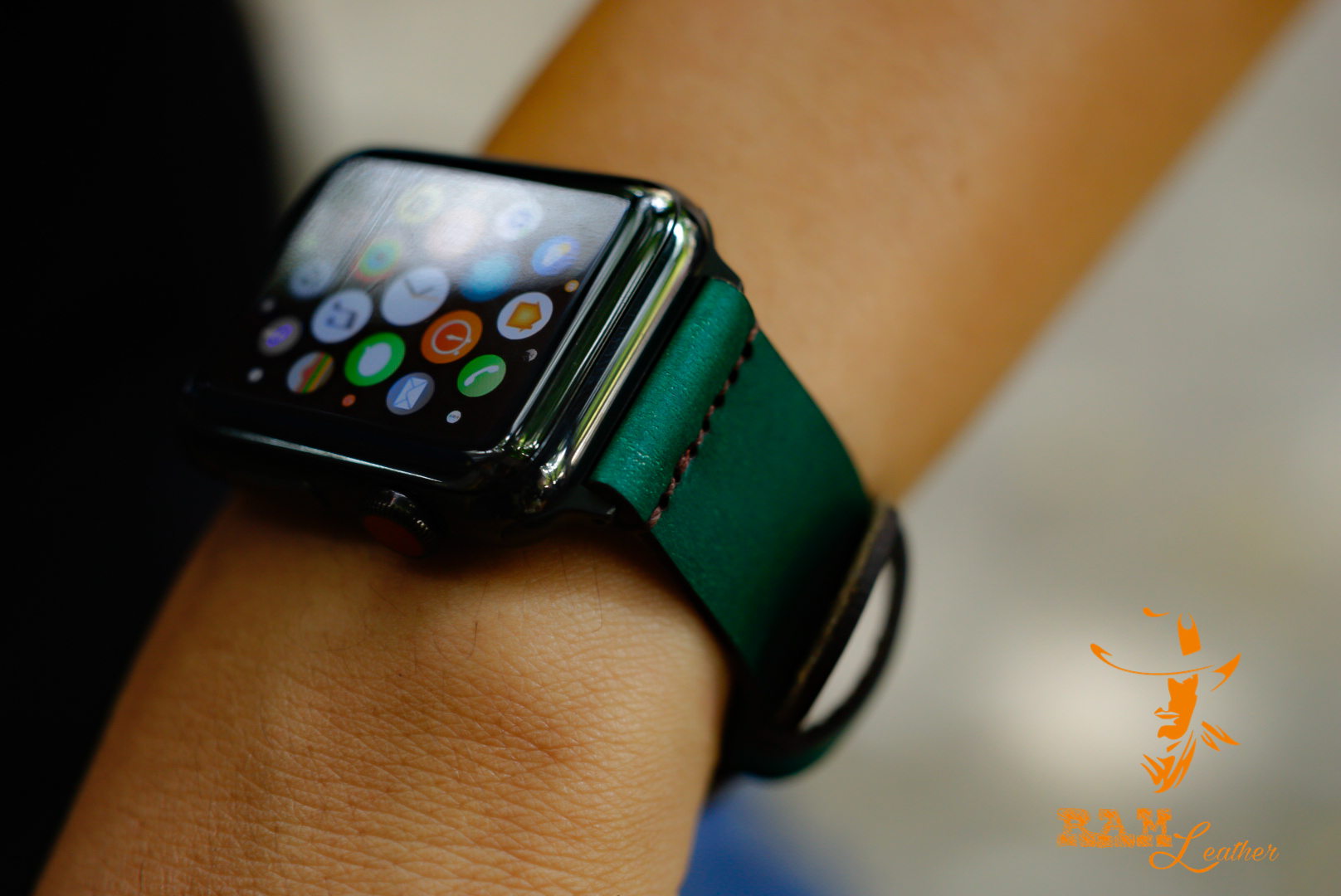 Dây đồng hồ apple watch , aw da bò thật –dây da đồng hồ ram leather s green – da bò chính hãng ram leather