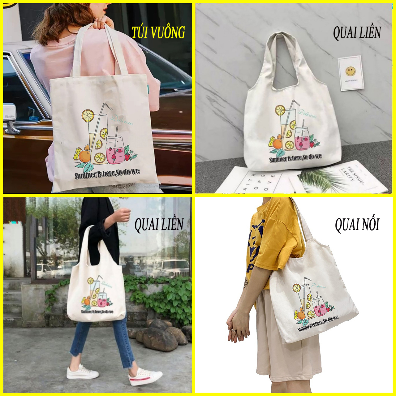 Túi xách nữ vải canvas Chanh Summer miệng khóa kéo , có túi con thích hợp đi học , đi chơi