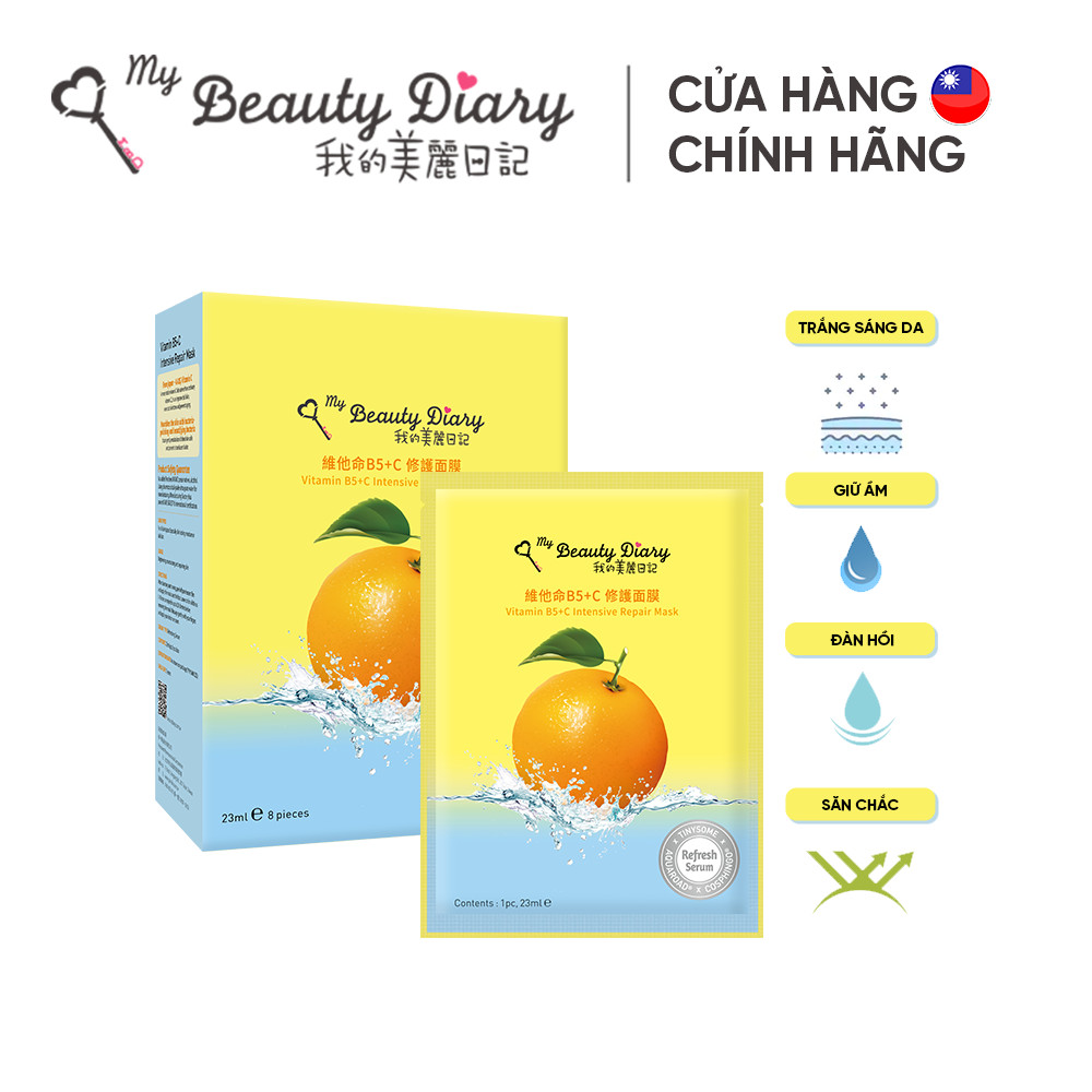 Hộp 8 miếng mặt nạ phục hồi trắng sáng da My Beauty Diary Vitamin B5 + C Intensive Repair Mask Đài Loan 23ml/miếng