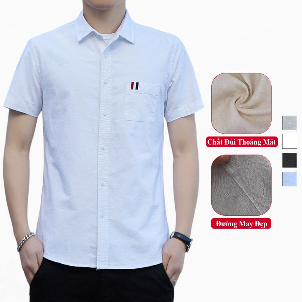 Áo sơ mi nam ngắn tay cổ đứng vải thô cotton mềm mịn thoáng mát. áo sơ mi nam vicenzo tay ngắn cổ bẻ thoáng mát